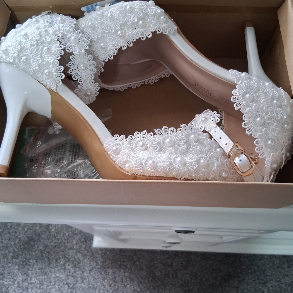 Lace & Pearl White Bridal Heels with Ankle Strap